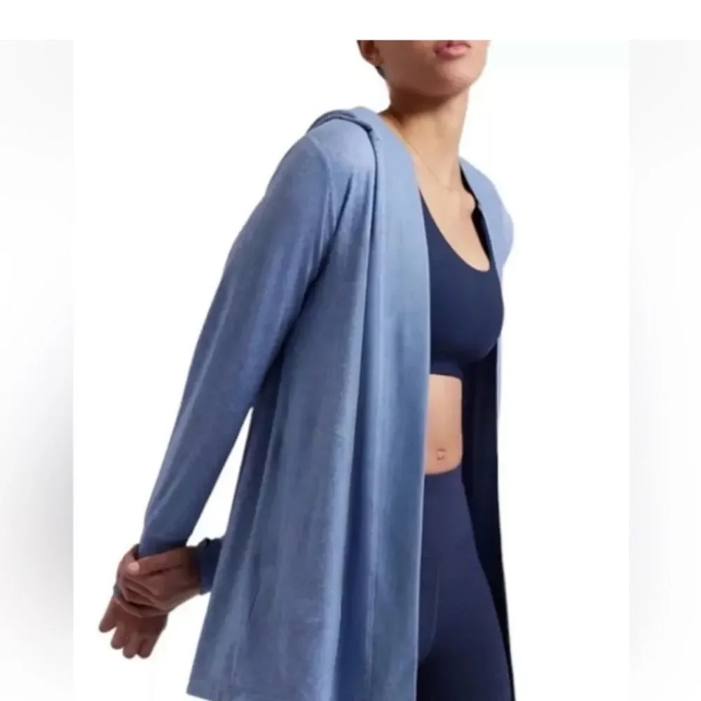 Athleta Untempo Wrap Cardigan Blue Hooded Pockets Size Large